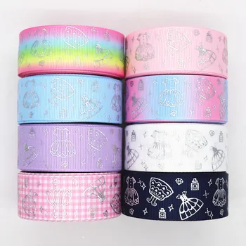 

18061001, 1" 25mm 10 yards glitter laser silver princess dresses printed grosgrain ribbons gift packaging DIY handmade materials