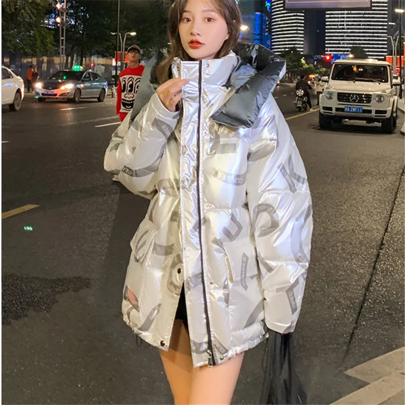 ZURICHOUSE Winter Women's Down Coat Hooded Parka Fashion Glossy Metal  Silver Oversized Puffer Bubble Down Jackets Female