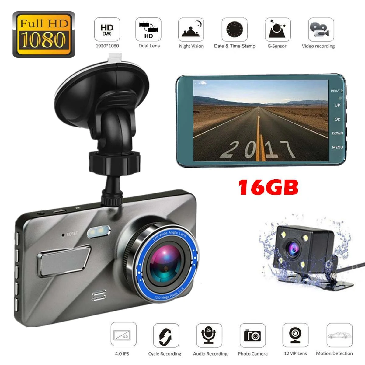 Cámara salpicadero para coche, novedad, cámara DVR con doble lente, Full HD 1080P 4 IPS, cámara frontal + trasera con espejo azul, de visión nocturna, Monitor de aparcamiento|Cámara para
