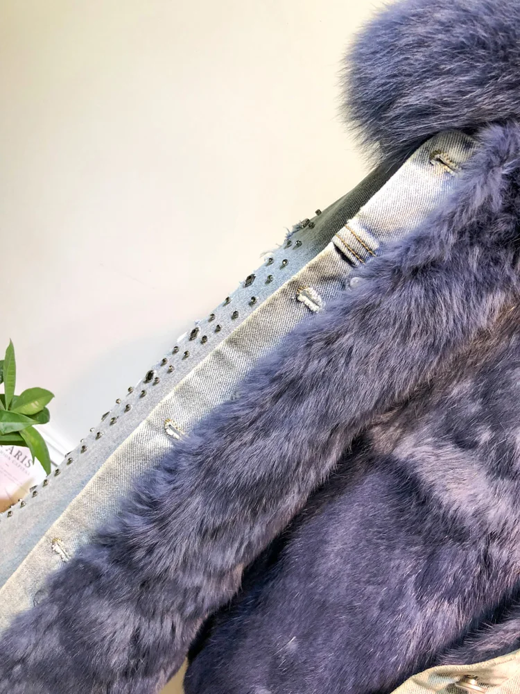 Толстая теплая джинсовая куртка из натурального Лисьего меха, женская зимняя новая модная подкладка из натурального кроличьего меха, отстегивающиеся меховые стеганые теплые куртки F459