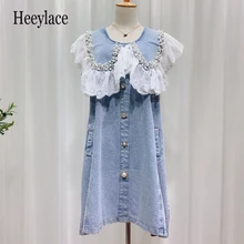 denim dress with pearls