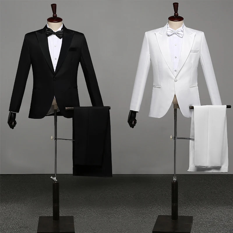 Men Prom Suits Men'S Shawl Lapel White Black Two-Piece Jacket Pants Suit Slim Evening Party Stage Show Performance Wedding Suit