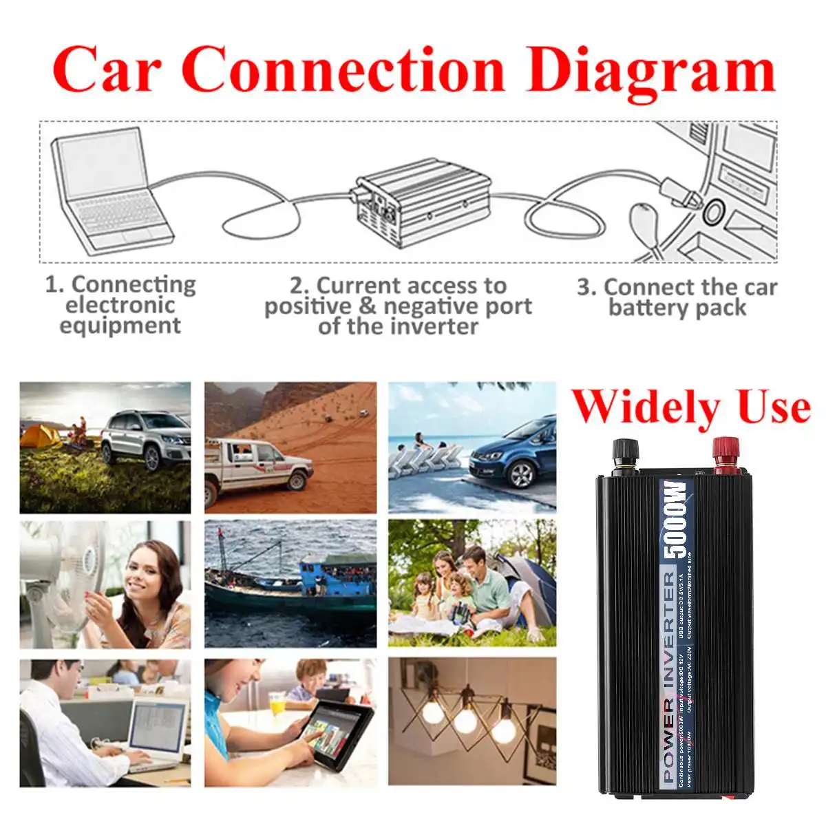  12000W Peaks Car Inverter 12V 220V 6000W pantalla LED 2 Ondas sinusoidales modificadas USB potencia
