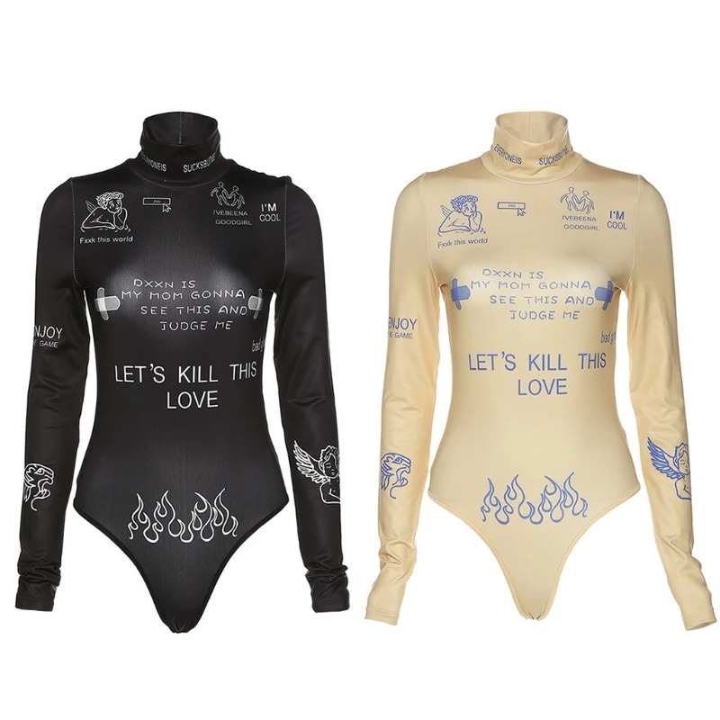 Turtleneck Bodysuit Graffiti-Letters Long-Sleeve Harajuku Women Leotard-Basic Graphic-Printed