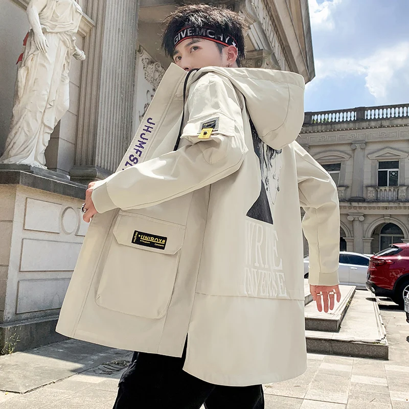 

2020 Autumn Jacket Tide Teenagers Even Hat Male Long Work Clothes Thin Loose Coat streetwear windbreaker Japan Style Beige