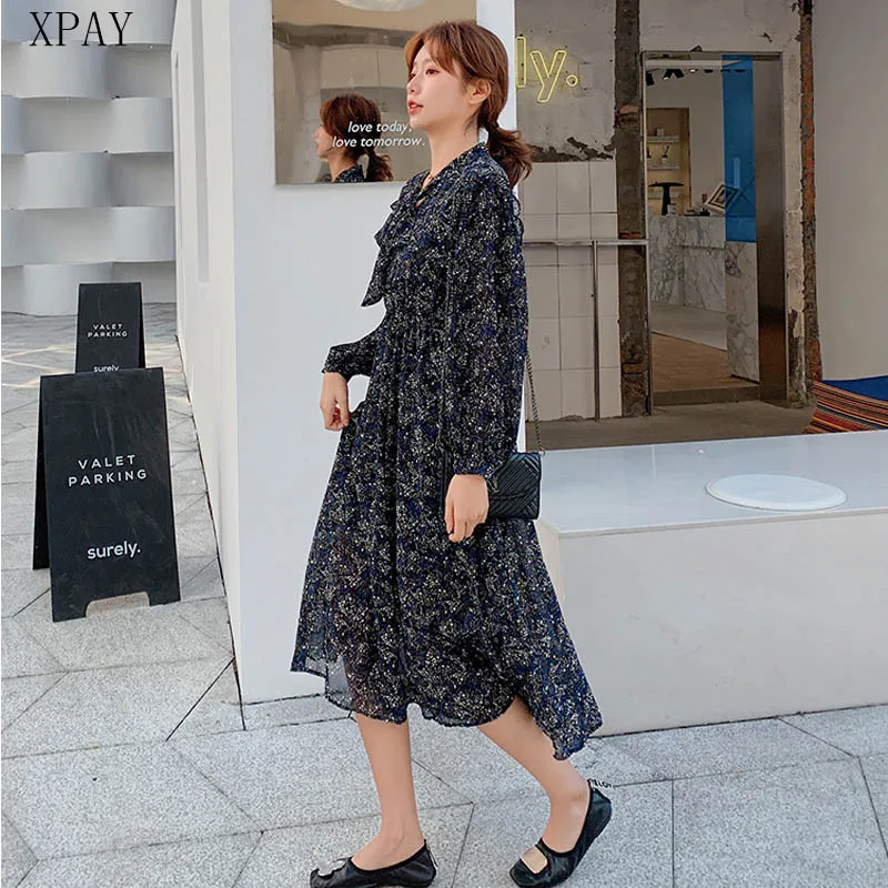 

2020 Summer Long Sleeve Ruffles Chiffon Dress Female Vestidos Elegant V-Neck Lace-Up Floral Print Pleated Midi A-Line Dresses