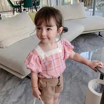 

2020 new girls plaid shirt summer cotton short sleeve fashion girls blouse 1-7 years HV409
