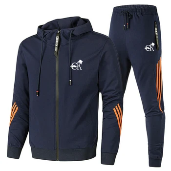 

Spring and autumn men's sportswear suits men's two-piece striped sportswear men's full-sleeved tops with hood + outdoor pants