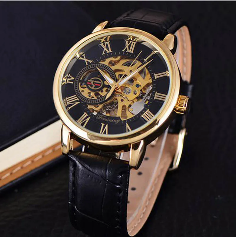 2021 Fashion 3D Logo Engraving Golden leather belt Men Mechanical Watch Forsining Transparent Case Top Brand Luxury Skeleton