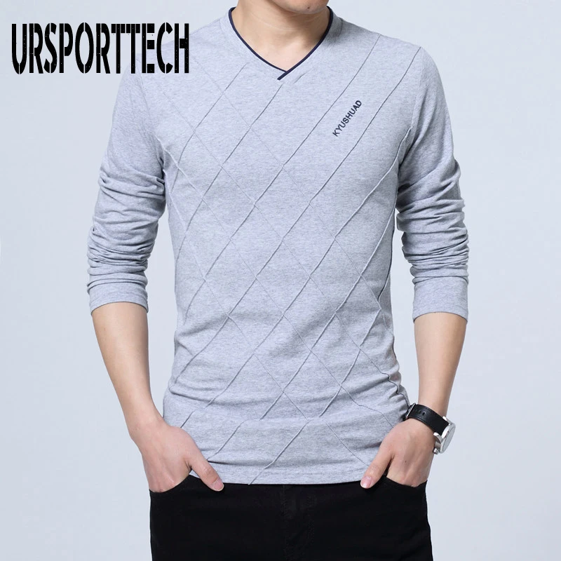 

URSPORTTECH T shirt Men Big Size Long Sleeve V-neck Solid Full Sleeve T shirt Men Casual T-shirts For Men Fitness Tops Tees