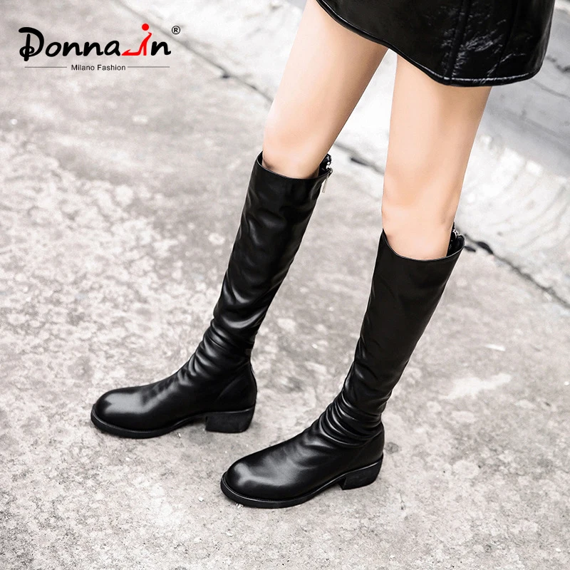 Donna-in/женские Сапоги выше колена на среднем каблуке зимние сапоги до бедра из натуральной кожи Модная женская обувь черного цвета на молнии