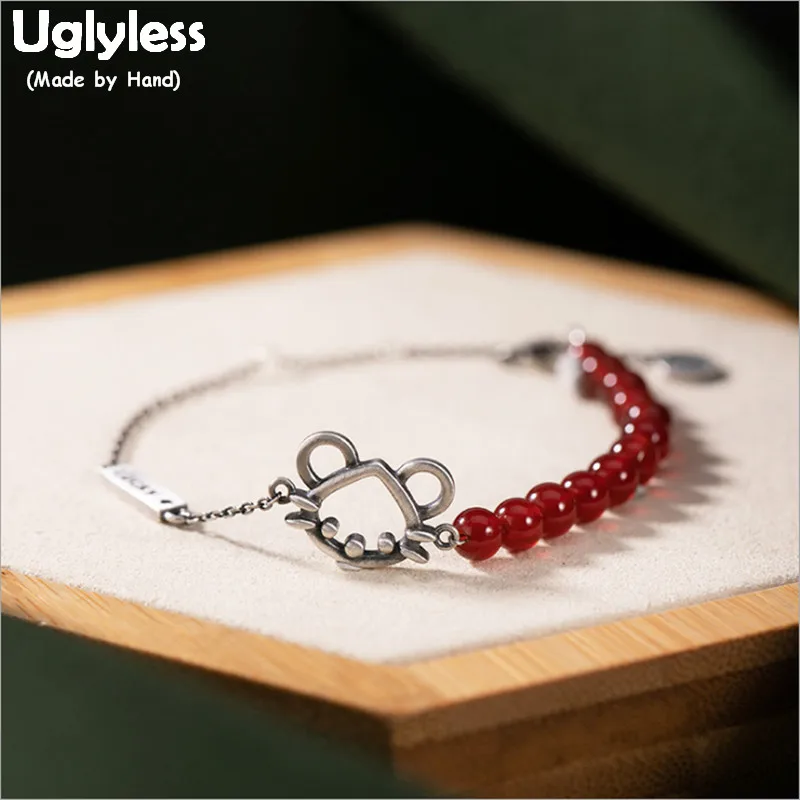 

Uglyless GOOD LUCK Year of the Rat Gifts Jewelry for Women Cuties Hollow Mouse Bracelets Agate Beading Bangles 925 Silver BR353