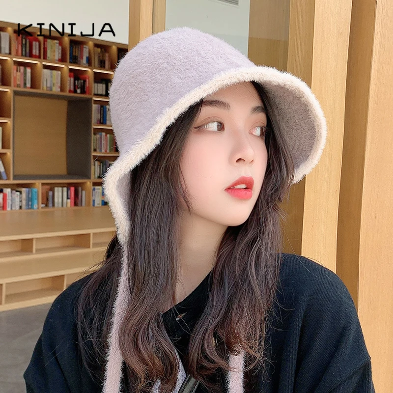 Корейская женская вязаная меховая бандажная Рыбацкая шапка зимняя плотная