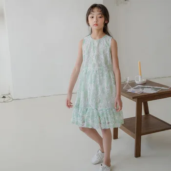 

Girls Summer Clothing New Korean Style Teen Girls Lace Printed Dresses Cute Ruffle Princess Dresses Children Party Dress, #8875