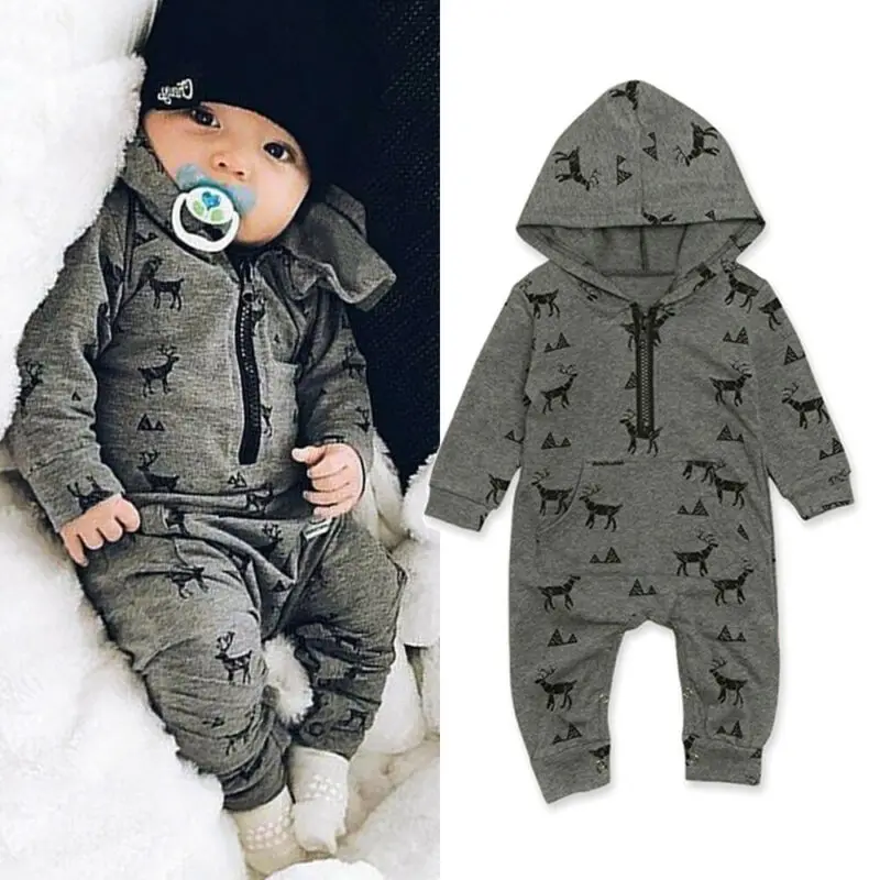 

6M-3 Years Newborn Toddler Baby Boy Clothes Deer Hooded Romper Long Sleeve Hooded Jumpsuit Outfits 2019 New