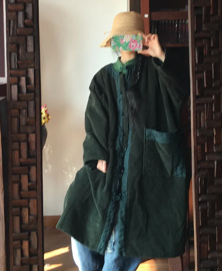 

2019 luo gu ni Origional Chinese Button Knots Breasted Washing Retro Corduroy Contrast Color Medium-length Loose-Fit Cotton-padd