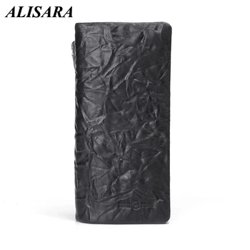 

Alisara Men Long Wallet Handmade Wrinkle Cow Leather Genuine Mens Wallets Bifold Zipper Hasp Retro Cell Phone Card Holder Purses