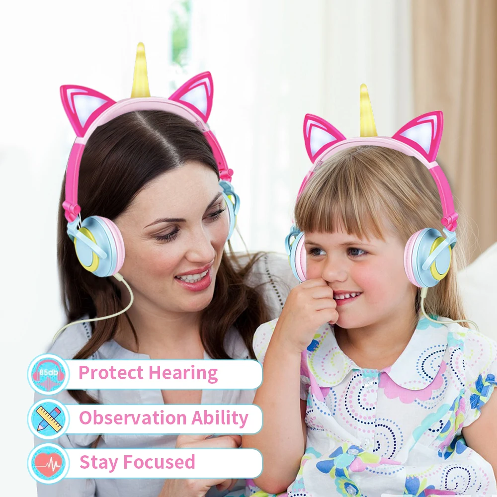 Cute Kids Headphone Led Light Unicorn Wired Headphones Girl Gamer PC Earphone Foldable Music Gaming Overear Headset Auriculares