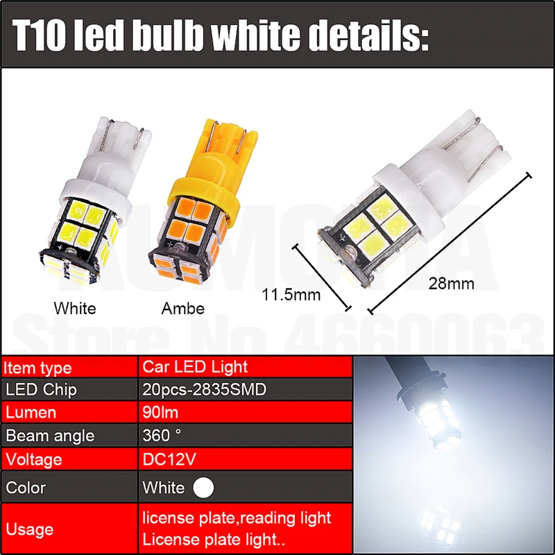 100x T10 светодиодный W5W автомобильный Светильник лампы Luces светодиодный Para авто Интерьер боковая светильник 20 SMD 2835 Светодиодный s AC/DC 12V