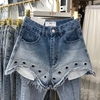 

Ripped Jean Shorts Woman Summer New All-match Irregular Burr Gradient Color Loose Wide Leg High Waist Denim Shorts Hot Pants