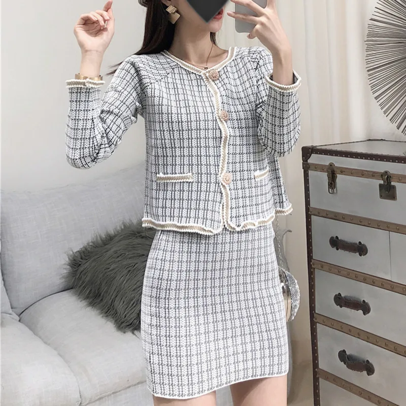 Autumn Women Two Piece Set Fashion Single Breasted Knitted Cardigans+ Bodycon Mini Skirt 2pcs Suit Female Elegant Set