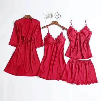 

New 4 Pieces Women Pajamas Sets Faux Silk Pajamas Sleepwear Solid Sets Elegant Sexy Lace Fashion Spring Autumn Homewear