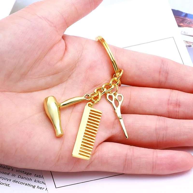 2 Colors Personality Hair Dryer Combs Scissors Pendant Keychain