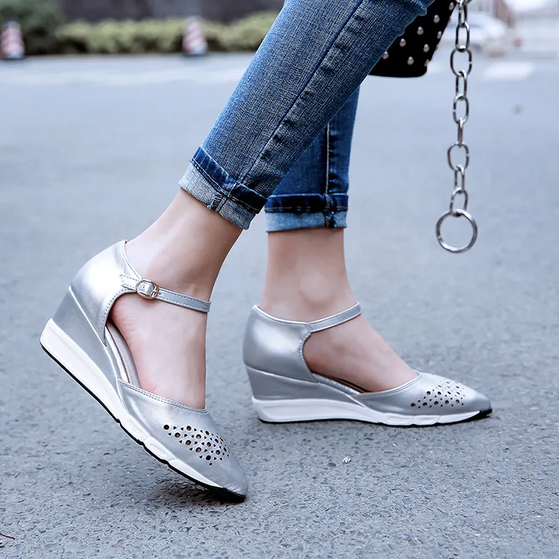 

2019 Perforated Hole Summer Silver Black Heels Pointed Toe Party Wedges Shoes Woman Ankle Strap Lady Pumps Plus Size 43