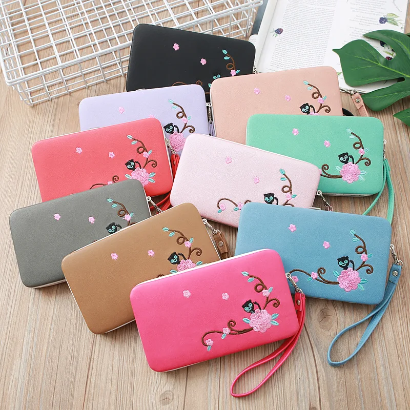 

Women's Container Wallet Mobile Phone Bag Long 3-Fold Clutch Fashion Multi-functional Cat Embroidery Purse