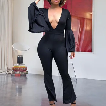 

Sexy Deep V Neck Jumpsuit Women Spring Autumn Flare Sleeve Solid Black Party Long Jumpusit Office Club Wear Romper Playsuit 2xl