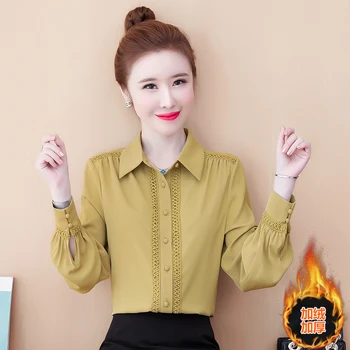 

COIGARSAM Full Sleeve Shirt Womens tops New Spring Chiffon Loose Women shirts White Black Turmeric 9020