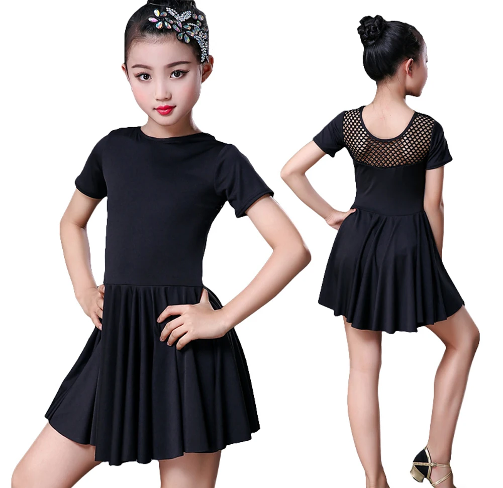

Kids Girls Short Sleeve Latin Dance Dress Stretchy Dance Outfits Black Cotton Salsa Tango Dancing Dress Practice Costume