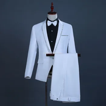 

Men White Handmade Seam Drill Dress Suit Red Song Chorus Group Service Host Mc Suit Singer Performance Clothing