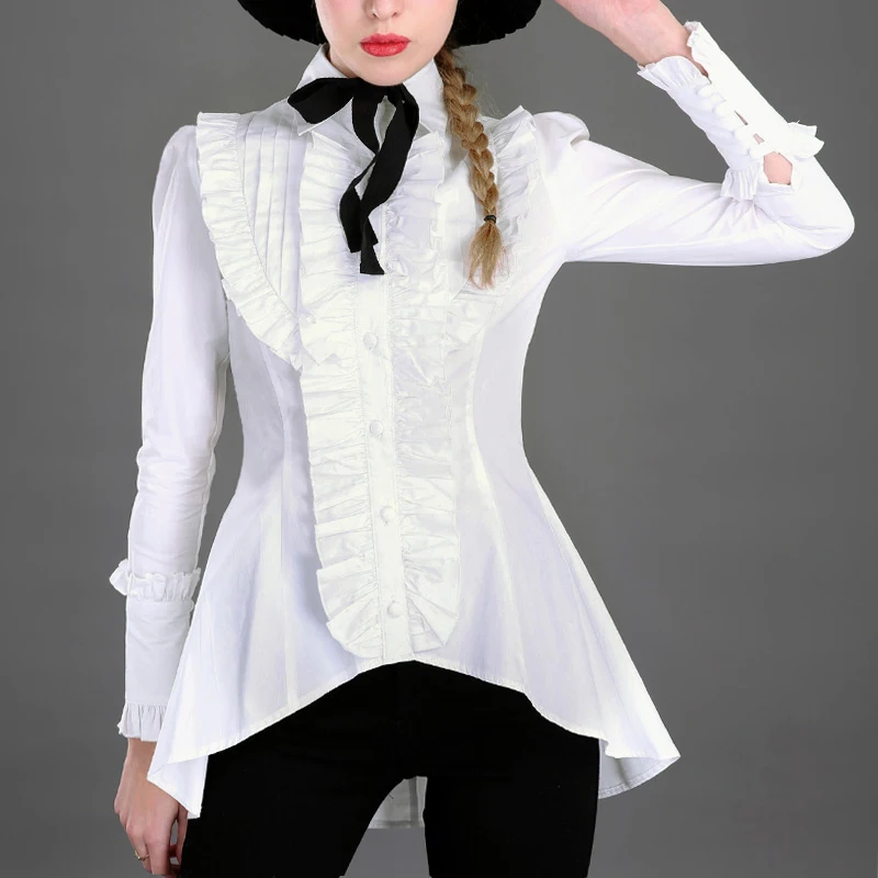Женская винтажная блузка с рюшами, винтажная Готическая блузка с длинным рукавом в Стиле Лолита, из хлопка, весна 2019 женская блузка с длинным рукавом в китайском стиле белая футболка из хлопка с этнической вышивкой свободный повседневный топ в стиле овер