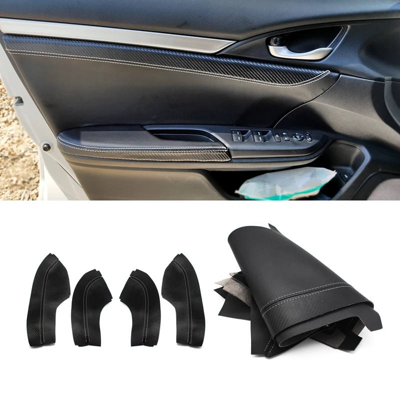 

For Honda Civic 10th Gen 2016 2017 4pcs Microfiber Leather Door Handle Panels Armrest Cover Black with Carbon Texture Edge