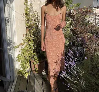 

Women Sling Midi Dress 100% Silk Sleeveless Holiday Suspender Long Dresses Vintage Print Soft Sundress Robes