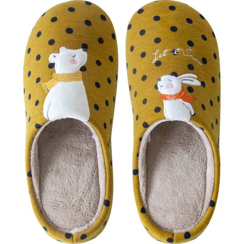 Зимние меховые теплые домашние тапочки; женская обувь с животным принтом; стелька с памятью из искусственного меха; женская плюшевая домашняя обувь на плоской подошве для мужчин и женщин - Цвет: Yellow dot