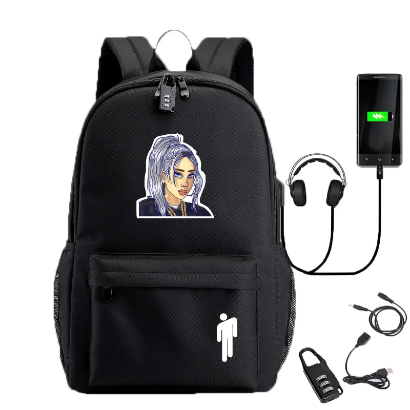 F IMIDO Billie Eilish рюкзаки для студентов с противоугонным замком зарядка через Usb для подростков дорожная сумка для мальчиков и девочек рюкзак на плечи - Цвет: F