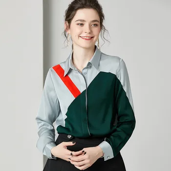 

Women Shirts 2020 Spring New Fasshion Contrast Color Design High quality Silk Shirt Turndown collar long sleeve Women Tops