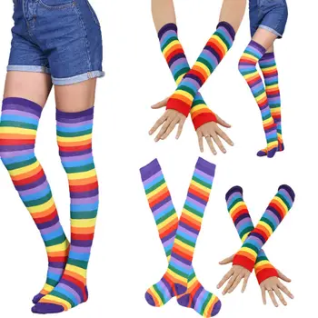 

New Girls Ladies Women Thigh High Over the Knee Socks Long Cotton Stockings Warm Rainbow Arm Stretchy Mitten Gloves Glove Sets