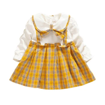 

Girls Dresses Baby Girl Clothing Sweet Plaid Print Pleated Waist Long-Sleeved Fake 2 Piece Doll Collar Bowknot Dress Kids Dress