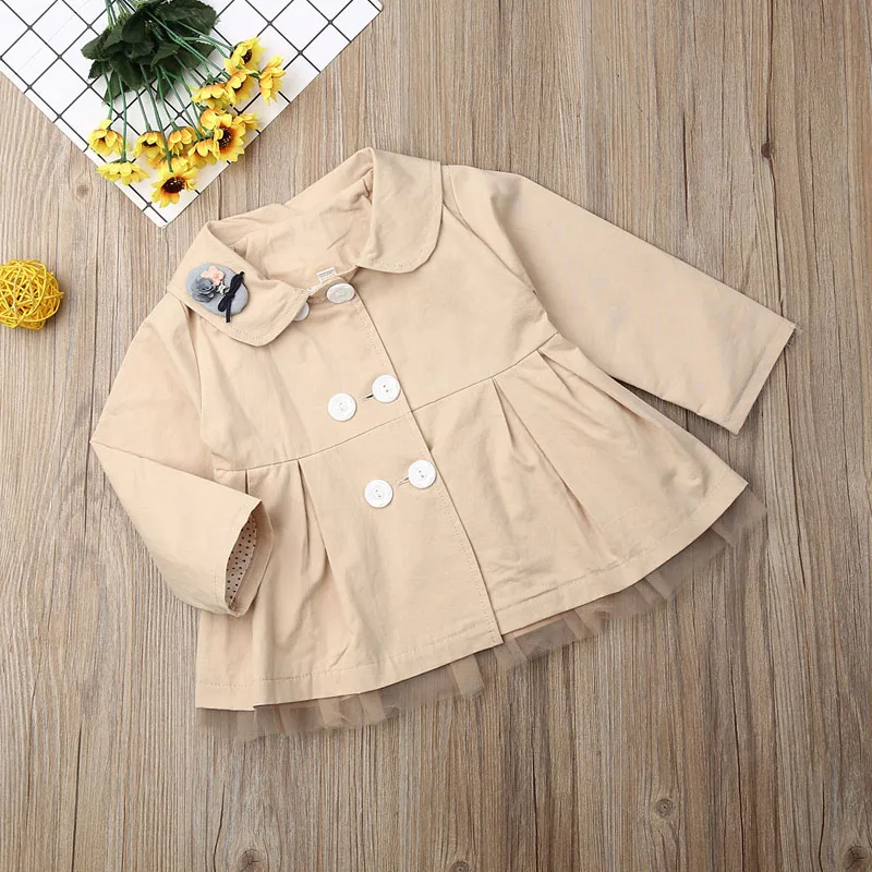 Focusnorm Embroidered Turn-down Collar Trench Baby Girl Fashion Long Sleeve Solid Cute Patchwork Lace Coat For Girl 0-4 Years