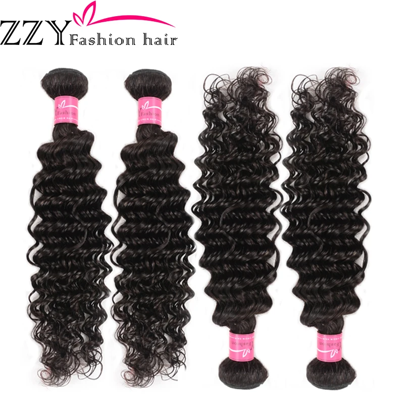 ZZY Fashion Deep Wave Peruvian Hair Weave Bundles Natural Color Human Hair Bundles M Ratio Non-Remy Hair Extensions 4 Bundles