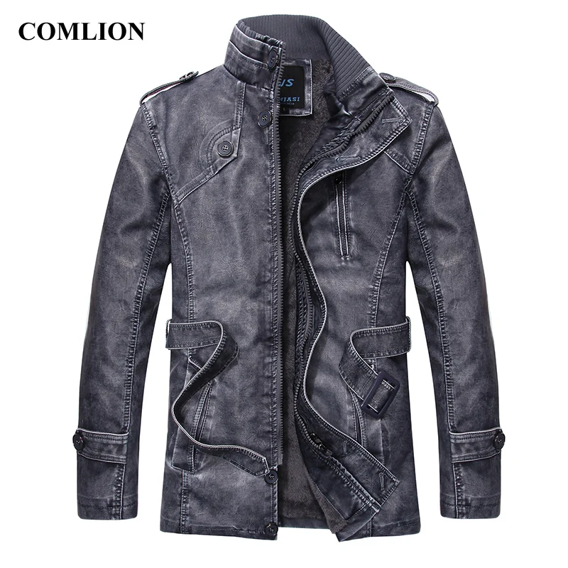 

Leather Jacket Men New Fashion Style Stand Collar Waist Belt Washed Long PU Leather Coats Trench Male Motorcycle Windbreaker D12