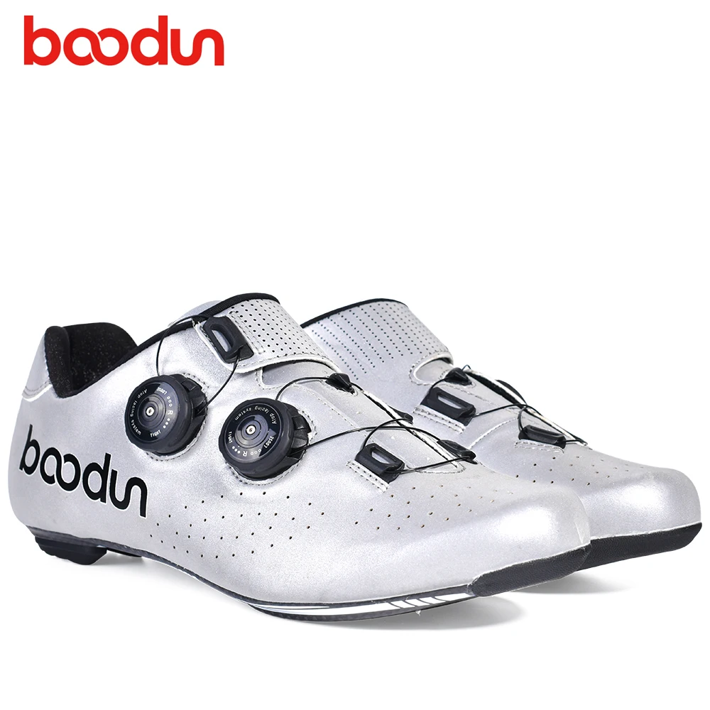 Мужские кроссовки BOODUN для шоссейного велоспорта, мужские кроссовки из углеродного волокна, серебристого цвета, sapatilha ciclismo, дышащая обувь для триатлона, самоблокирующаяся обувь SPD