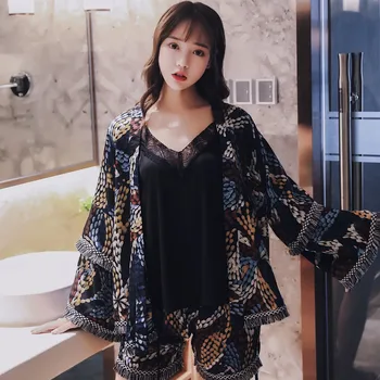 

Cute Sweet Wide-sleeved Robes with Shorts Pajamas Set Three Pcs Set Women's Home Clothes Ladies Kimono Three-piece Woman Clothes