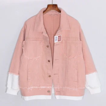 

Autumn Harajuku Loose Pink Burr Tassel Splice Fake Two Letter Print Jeans jacket Women Plus Size Bomber Denim coat Ropa de mujer