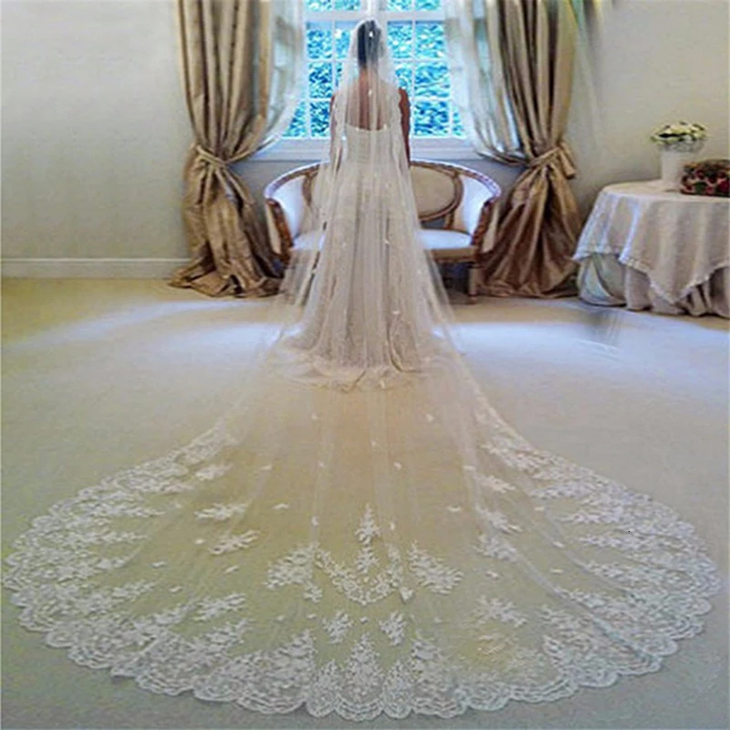 

Hot6 New Style Wedding Veils Veu De Noiva Lace 3M Long Wedding Veils Ivory White One layers Tulle Bridal Veils Free Shipping
