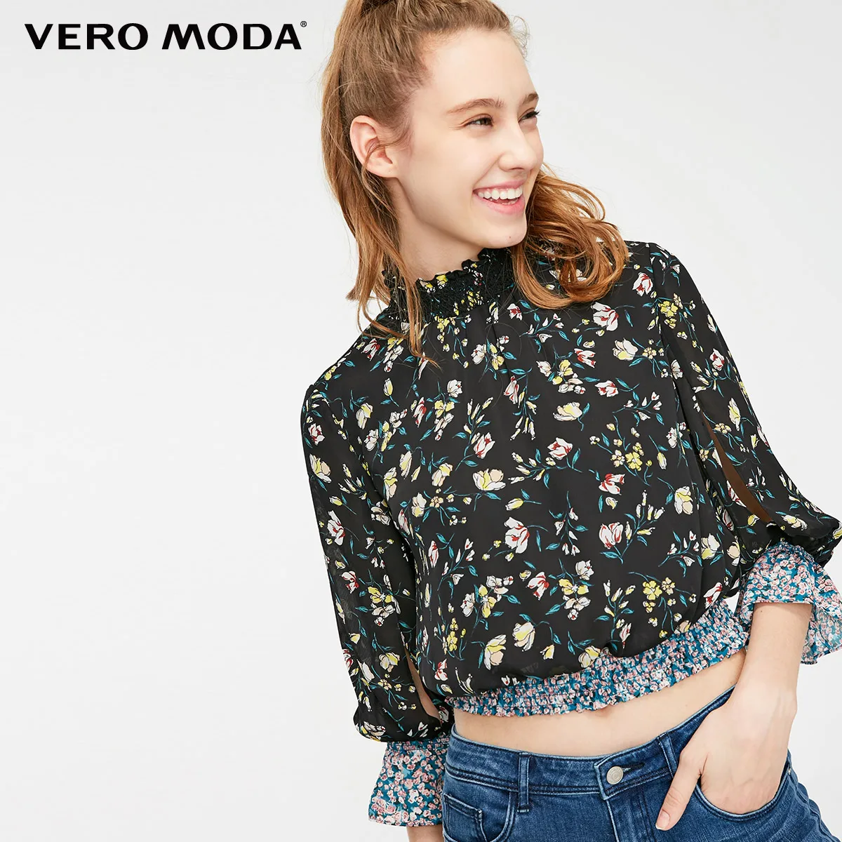 S59 Black Vero Moda женская шифоновая рубашка с принтом и эластичными рукавами | 319158512 - Цвет: S59 Black