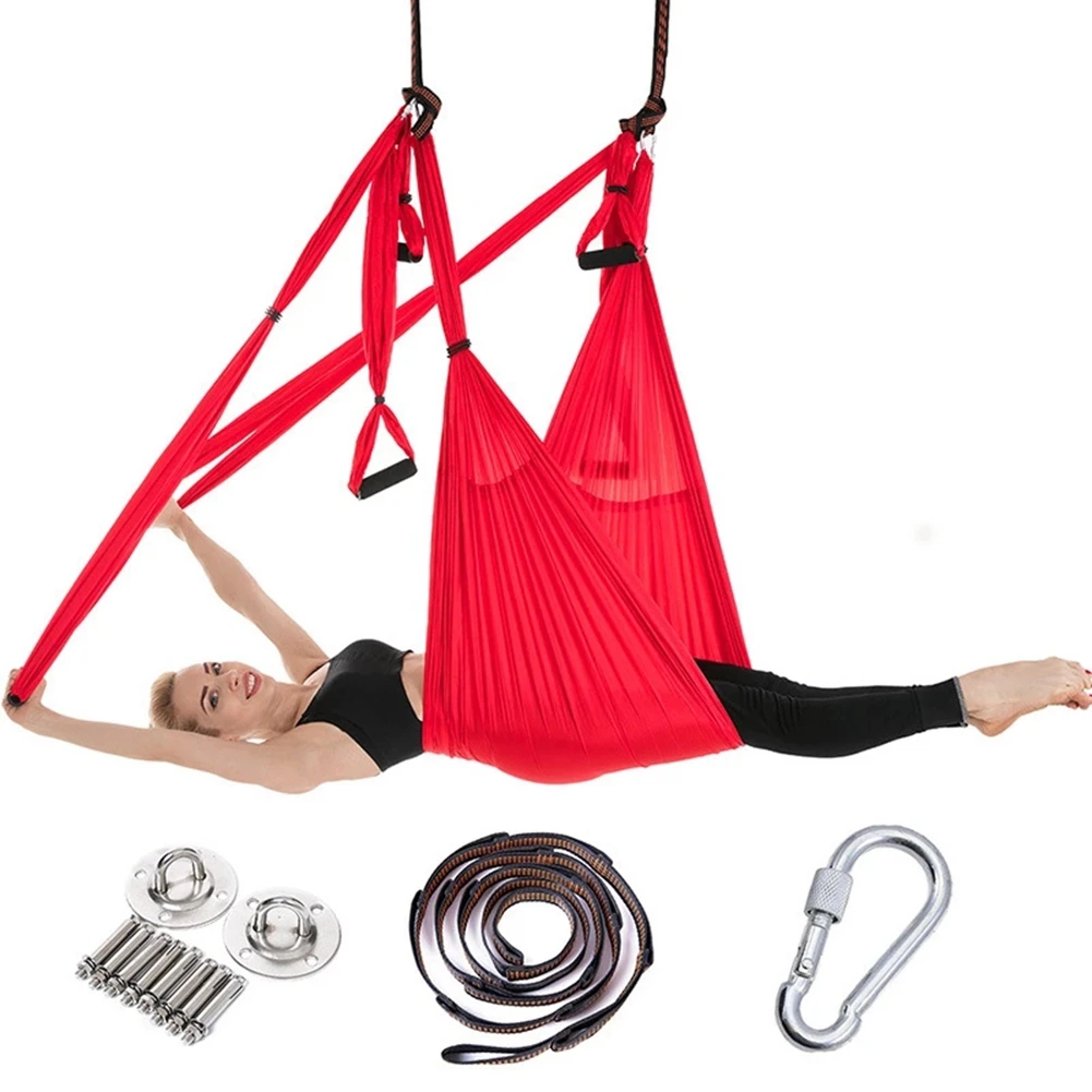 Антигравитационный гамак для йоги 2,5*1,5 м, летающее поворотное устройство для воздушной тяги, комплект гамака для йоги, подвесной ремень для домашнего спортзала, ТРАПЕЦИЕВИДНОЕ поворотное устройство - Цвет: Red set